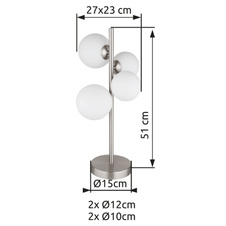 Stolní lampa, nikl, sklo bílé, kabel PVC černý, kolébkový vypínač na kabelu, DxŠxV:270x230x510mm, délka kabelu 1500mm, sklo Ø:2x10cm, 2x12cm, včetně žárovek 4xG9 LED, max. 3,5W 230V, 350lm zdroj, 310lm výstup, 3000K