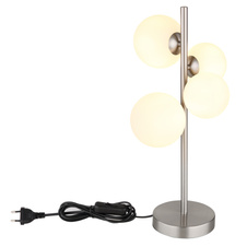 Stolní lampa, nikl, sklo bílé, kabel PVC černý, kolébkový vypínač na kabelu, DxŠxV:270x230x510mm, délka kabelu 1500mm, sklo Ø:2x10cm, 2x12cm, včetně žárovek 4xG9 LED, max. 3,5W 230V, 350lm zdroj, 310lm výstup, 3000K