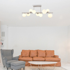 Stropní svítidlo, nikl, sklo bílé, DxŠxV:870x280x370mm, sklo Ø:5x10cm, 4x12cm včetně 9xG9 LED 3,5W 230V, 350lm zdroj, 310lm výstup, 3000K