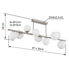 Stropní svítidlo, nikl, sklo bílé, DxŠxV:870x280x370mm, sklo Ø:5x10cm, 4x12cm včetně 9xG9 LED 3,5W 230V, 350lm zdroj, 310lm výstup, 3000K