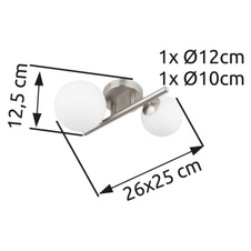 Nástěnné svítidlo, nikl, sklo bílé, DxŠxV:250x260x125mm, sklo Ø:1x10cm, 1x12cm, včetně 2xG9 LED, max. 3,5W 230V, 350lm zdroj, 310lm výstup, 3000K