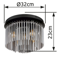 Stropní svítidlo, kov černý matný, chrom, skleněné tyčinky kouřové, Ø:320mm, V:215mm, bez žárovek 5xE14,max. 40W 230V