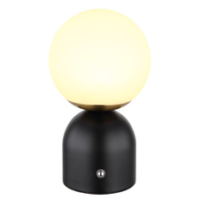Nabíjecí stolní lampa, kov černý, mosaz, plast bílý, stmívatelné, dotykový stmívač, nastavení barev, paměťová funkce, včetně aku. CR18650 1800mAh 3.7V, Ø:120mm, V:210mm, délka kabelu 500mm, LED 2,5W 5V, výstup 189lm, změna barvy světla 2700-6500K