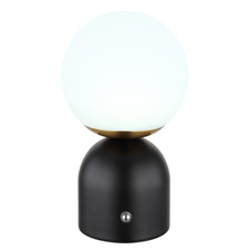 Nabíjecí stolní lampa, kov černý, mosaz, plast bílý, stmívatelné, dotykový stmívač, nastavení barev, paměťová funkce, včetně aku. CR18650 1800mAh 3.7V, Ø:120mm, V:210mm, délka kabelu 500mm, LED 2,5W 5V, výstup 189lm, změna barvy světla 2700-6500K