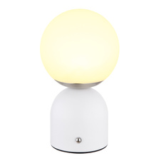 Nabíjecí stolní lampa, kov bílý matný, nikl, plast bílý, stmívatelné, dotykový stmívač, nastavení barev, pam.funkce, včetně aku. CR18650 1800mAh, Ø:120mm, V:210mm, délka kabelu 500mm, LED 2,5W 12V, výstup 189lm, změna barvy světla 2700-6500K