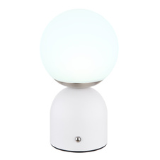 Nabíjecí stolní lampa, kov bílý matný, nikl, plast bílý, stmívatelné, dotykový stmívač, nastavení barev, pam.funkce, včetně aku. CR18650 1800mAh, Ø:120mm, V:210mm, délka kabelu 500mm, LED 2,5W 12V, výstup 189lm, změna barvy světla 2700-6500K