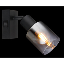 Nástěnné svítidlo, kov černý matný, kouřové sklo s přechodem do průhledného skla, kolébkový vypínač, ŠxV:70x160mm, H:140mm, bez žárovky 1xE14,max. 40W 230V