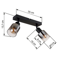 Nástěnné svítidlo, kov černý matný, kouřové sklo s přechodem do průhledného skla, DxŠxV:260x70x140mm, bez žárovek 2xE14,max. 40W 230V