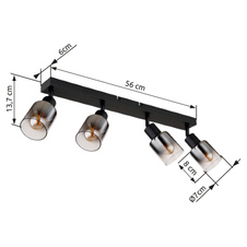 Stropní svítidlo, kov černý matný, kouřové sklo s přechodem do průhledného skla, DxŠxV:560x70x140mm, bez žárovek 4xE14,max. 40W 230V