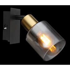 Nástěnné svítidlo, kov černý matný, kov zlatý matný, sklo kouřové, průhledné, kolébkový vypínač, ŠxV:80x158mm, H:155mm, bez žárovky 1xE14,max. 40W 230V