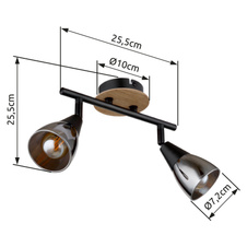 Nástěnné svítidlo, bodové, kov černý matný, dřevo hnědé, sklo kouřové, DxŠxV:255x100x195mm, bez žárovek 2xE14,max. 25W 230V