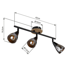 Stropní svítidlo, bodové, kov černý matný, dřevo hnědé, sklo kouřové, DxŠxV:420x100x195mm, bez žárovek 3xE14, max. 25W 230V