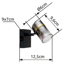 Nástěnné svítidlo, kov černý matný, kouřové sklo s přechodem do průhledného skla, kov mosaz, kolébkový vypínač, ŠxV:70x96mm, H:125mm, bez žárovky 1xGU10,max. 8W 230V