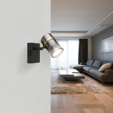 Nástěnné svítidlo, kov černý matný, kouřové sklo s přechodem do průhledného skla, kov mosaz, kolébkový vypínač, ŠxV:70x96mm, H:125mm, bez žárovky 1xGU10,max. 8W 230V