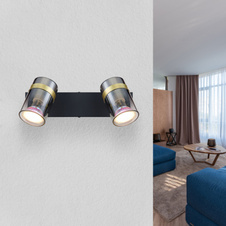 Nástěnné svítidlo, bodové, kov černý matný, kouřové sklo s přechodem do průhledného skla, mosaz, DxŠxV:260x60x125mm, bez žárovek 2xGU10,max. 8W 230V