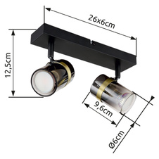 Nástěnné svítidlo, bodové, kov černý matný, kouřové sklo s přechodem do průhledného skla, mosaz, DxŠxV:260x60x125mm, bez žárovek 2xGU10,max. 8W 230V
