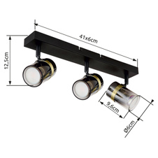 Stropní svítidlo, bodové, kov černý matný, kouřové sklo s přechodem do průhledného skla, kov mosaz, DxŠxV:410x60x125mm, bez žárovek 3xGU10,max. 8W 230V