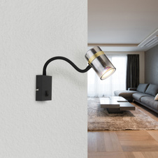 Nástěnné svítidlo, kov černý matný, kouřové sklo s přechodem do průhledného skla, kov mosaz, kabel PVC černý, kolébkový vypínač, flexo, ŠxV:70x405mm, H:295mm, délka kabelu 1500mm, bez žárovek 1xGU10, 8W 230V