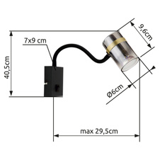Nástěnné svítidlo, kov černý matný, kouřové sklo s přechodem do průhledného skla, kov mosaz, kabel PVC černý, kolébkový vypínač, flexo, ŠxV:70x405mm, H:295mm, délka kabelu 1500mm, bez žárovek 1xGU10, 8W 230V