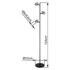 Stojací svítidlo, kov černý matný, kouřové sklo s přechodem do průhledného skla, kov mosaz, kabel PVC černý, nožní spínač v kabelu, Ø:230mm, V:1540mm, délka kabelu 1800mm, bez žárovek 3xGU10,max. 8W 230V