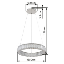 Závěsné svítidlo, kov chrom, křišťály K5 čiré, chromový kroužek, stmívatelné, několik úrovní pomocí nástěnného vypínače, fixace barev, pam. funkce, noční světlo,dál. Ovládání, Ø:500mm V:1200mm, LED 50W 230V, 521-2995lm výstup, 2700-6000K