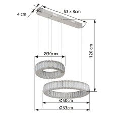 Závěsné svítidlo, kov chrom, křišťály K5 čiré, chromový kroužek, stmívatelné, několik úrovní pomocí nástěnného vypínače, pam. funkce, noční světlo, dál. ovládání, DxŠxV:630x500x1200mm, Ø kruhů 50cm a 30cm, LED 80W 230V, 563-4405lm výstup, 2700-6000K