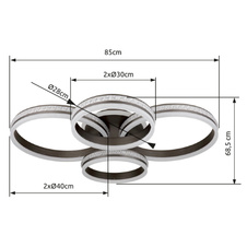 Stropní svítidlo, kov a hliník titanová barva, plastové křišťály, akryl bílý, stmívatelné, několik úrovní pomocí nástěnného vypínače, pam. funkce, noční světlo, dálkové ovládání, DxŠxV:850x685x150mm, LED 90W 230V, 627-4225lm výstup, 2700-6000K
