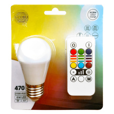 LED žárovka, bílá, ILLU, RGB + bílá, stmívatelná, dálkové ovládání, změna barvy světla, fixace barev, Ø45, V:80, 1xE27 RGBW 6W 230V, 470lm, 2700K.