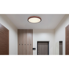 Stropní svítidlo, kov bílý, akryl opál, hliník černý matný, imitace kůže tmavě hnědá, Ø:420mm, V:95mm, vč. LED 24W 230V, zdroj 2400lm, výstup 1189lm, změna barvy světla 3000/4500/6000K