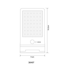 Solární svítidlo, plast černý, průhledný, bílý, vypínač, aku. CR18650 1500mAh 3.7V, senzor, IP44, trvalé světlo 5 lumenů, po detekci senzorem cca 20 sekund zasvítí 250 lumenů silné světlo, ŠxV:110x30mm H:192mm,42xLED 0.2W 3V,2