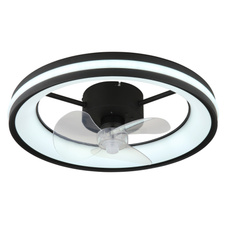 Stropní ventilátor, kov černý, plast černý/bílý/průhledný, stmívatelný, několik úrovní pomocí nástěnného vypínače, paměť, dál. ovládání, 15m², 1050/1190/1320 ot/min, ø:495mm H:150mm, LED 30W 230V, zdroj 490-3260lm, výstup 360-2215lm,2700-6500K