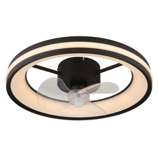 Stropní ventilátor, kov černý, plast černý/bílý/průhledný, stmívatelný, několik úrovní pomocí nástěnného vypínače, paměť, dál. ovládání, 15m², 1050/1190/1320 ot/min, ø:495mm H:150mm, LED 30W 230V, zdroj 490-3260lm, výstup 360-2215lm,2700-6500K