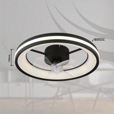 Stropní ventilátor, kov černý, plast černý/bílý/průhledný, stmívatelný, několik úrovní pomocí nástěnného vypínače, paměť, dál. ovládání, 15m², 1050/1190/1320 ot/min, ø:495mm H:150mm, LED 30W 230V, zdroj 490-3260lm, výstup 360-2215lm,2700-6500K