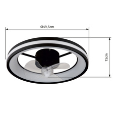 Stropní ventilátor, kov černý, plast černý/bílý/průhledný, stmívatelný, několik úrovní pomocí nástěnného vypínače, paměť, dál. ovládání, 15m², 1050/1190/1320 ot/min, ø:495mm H:150mm, LED 30W 230V, zdroj 490-3260lm, výstup 360-2215lm,2700-6500K