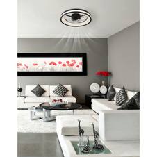 Stropní ventilátor, kov černý, plast černý/bílý/průhledný, stmívatelný, několik úrovní pomocí nástěnného vypínače, paměť, dál. ovládání, 15m², 1050/1190/1320 ot/min, ø:495mm H:150mm, LED 30W 230V, zdroj 490-3260lm, výstup 360-2215lm,2700-6500K