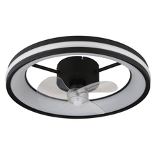Stropní ventilátor, kov černý, plast černý/bílý/průhledný, stmívatelný, několik úrovní pomocí nástěnného vypínače, paměť, dál. ovládání, 15m², 1050/1190/1320 ot/min, ø:495mm H:150mm, LED 30W 230V, zdroj 490-3260lm, výstup 360-2215lm,2700-6500K