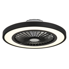 Stropní ventilátor, kov černý, plast černý/bílý/průhledný, stmívatelné, několik úrovní pomocí nástěnného vypínače, podsvícení, paměť, dál.ovládání, režim "přirozený vítr", 20m², ø:540mm H:159mm, LED 45W 230V, 260-2080lm, 3000-6500K