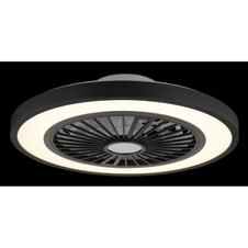 Stropní ventilátor, kov černý, plast černý/bílý/průhledný, stmívatelné, několik úrovní pomocí nástěnného vypínače, podsvícení, paměť, dál.ovládání, režim "přirozený vítr", 20m², ø:540mm H:159mm, LED 45W 230V, 260-2080lm, 3000-6500K