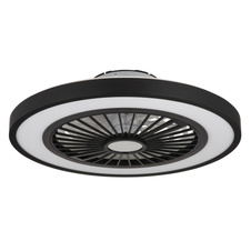 Stropní ventilátor, kov černý, plast černý/bílý/průhledný, stmívatelné, několik úrovní pomocí nástěnného vypínače, podsvícení, paměť, dál.ovládání, režim "přirozený vítr", 20m², ø:540mm H:159mm, LED 45W 230V, 260-2080lm, 3000-6500K