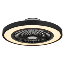 Stropní ventilátor, kov černý, plast černý/bílý/průhledný, stmívatelné, několik úrovní pomocí nástěnného vypínače, podsvícení, paměť, dál.ovládání, režim "přirozený vítr", 20m², ø:540mm H:159mm, LED 45W 230V, 260-2080lm, 3000-6500K