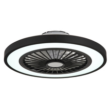 Stropní ventilátor, kov černý, plast černý/bílý/průhledný, stmívatelné, několik úrovní pomocí nástěnného vypínače, podsvícení, paměť, dál.ovládání, režim "přirozený vítr", 20m², ø:540mm H:159mm, LED 45W 230V, 260-2080lm, 3000-6500K