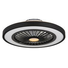 Stropní ventilátor, kov černý, plast černý/bílý/průhledný, stmívatelné, několik úrovní pomocí nástěnného vypínače, podsvícení, paměť, dál.ovládání, režim "přirozený vítr", 20m², ø:540mm H:159mm, LED 45W 230V, 260-2080lm, 3000-6500K