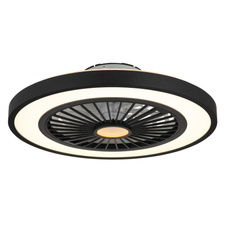 Stropní ventilátor, kov černý, plast černý/bílý/průhledný, stmívatelné, několik úrovní pomocí nástěnného vypínače, podsvícení, paměť, dál.ovládání, režim "přirozený vítr", 20m², ø:540mm H:159mm, LED 45W 230V, 260-2080lm, 3000-6500K