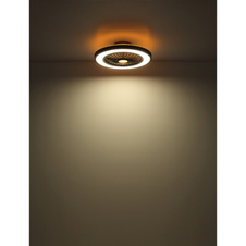 Stropní ventilátor, kov černý, plast černý/bílý/průhledný, stmívatelné, několik úrovní pomocí nástěnného vypínače, podsvícení, paměť, dál.ovládání, režim "přirozený vítr", 20m², ø:540mm H:159mm, LED 45W 230V, 260-2080lm, 3000-6500K