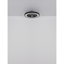 Stropní ventilátor, kov černý, plast černý/bílý/průhledný, stmívatelné, několik úrovní pomocí nástěnného vypínače, podsvícení, paměť, dál.ovládání, režim "přirozený vítr", 20m², ø:540mm H:159mm, LED 45W 230V, 260-2080lm, 3000-6500K