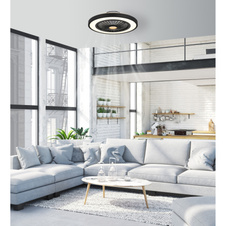 Stropní ventilátor, kov černý, plast černý/bílý/průhledný, stmívatelné, několik úrovní pomocí nástěnného vypínače, podsvícení, paměť, dál.ovládání, režim "přirozený vítr", 20m², ø:540mm H:159mm, LED 45W 230V, 260-2080lm, 3000-6500K