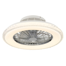 Stropní ventilátor, kov chrom, plast bílý/chrom, čiré akrylové křišťály, stmívatelný, paměť, dál. ovládání, 25m², stupně otáček 670/920/1070 ot/min, ø:500mm, V:175mm, včetně LED 40W 230V, zdroj 300-3900lm, výstup 260-2500lm, 3000-6500