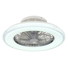 Stropní ventilátor, kov chrom, plast bílý/chrom, čiré akrylové křišťály, stmívatelný, paměť, dál. ovládání, 25m², stupně otáček 670/920/1070 ot/min, ø:500mm, V:175mm, včetně LED 40W 230V, zdroj 300-3900lm, výstup 260-2500lm, 3000-6500