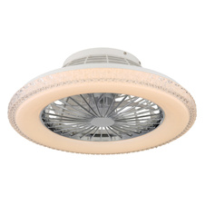 Stropní ventilátor, kov chrom, plast bílý/chrom, čiré akrylové křišťály, stmívatelný, paměť, dál. ovládání, 25m², stupně otáček 670/920/1070 ot/min, ø:500mm, V:175mm, včetně LED 40W 230V, zdroj 300-3900lm, výstup 260-2500lm, 3000-6500