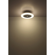 Stropní ventilátor, kov chrom, plast bílý/chrom, čiré akrylové křišťály, stmívatelný, paměť, dál. ovládání, 25m², stupně otáček 670/920/1070 ot/min, ø:500mm, V:175mm, včetně LED 40W 230V, zdroj 300-3900lm, výstup 260-2500lm, 3000-6500